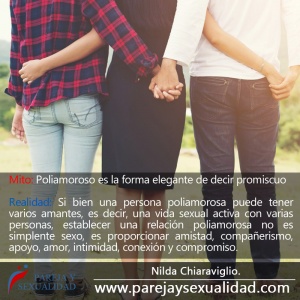 Mito: Poliamoroso es la forma elegante de decir promiscuo. Realidad: Si bien una persona poliamorosa puede tener varios amantes, es decir, una vida sexual activa con varias personas, establecer una relación poliamorosa no es simplente sexo, es proporcionar amistad, compañerismo, apoyo, amor, intimidad, conexión y compromiso. Nilda Chiaraviglio.